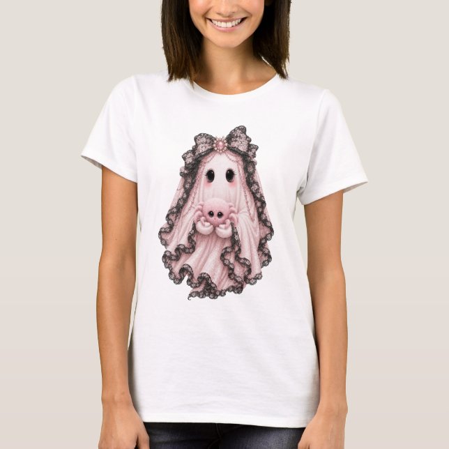 Camiseta de Halloween Fantasma Aranha Rosa Fofa |  (Frente)