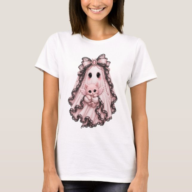 Camiseta de Halloween Fantasma Aranha Rosa Fofa |  (Frente)
