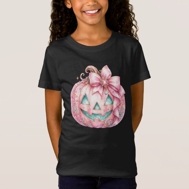 Camiseta de Halloween Fofa “Abóbora Rosa” (Frente)