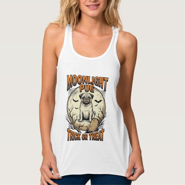 Camiseta de Halloween Pug com Lua de Gravura Vinta (Frente)
