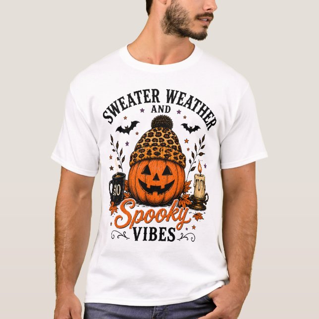 Camiseta de Halloween Sweater Weather e Spooky Vib (Frente)