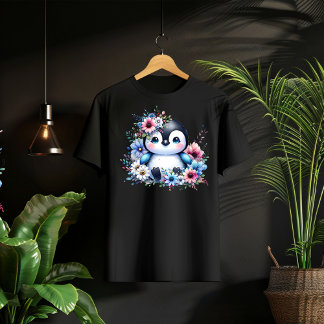 Camiseta de ilustração pastel de pinguim floral fo