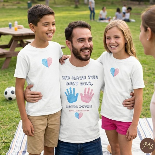 Camiseta de impressão digital em aquarela Melhor P (Matching father and kids Father's Day shirts featuring custom watercolor handprints and cute heart.)