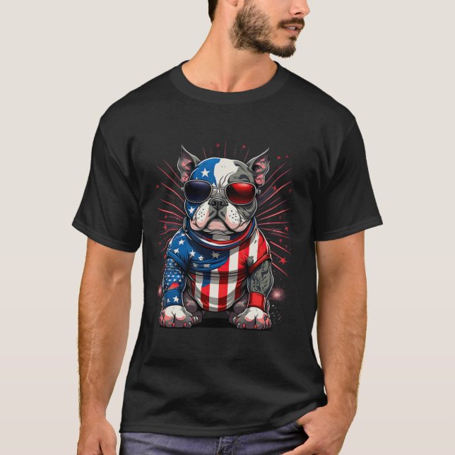 Camiseta De Julho Patriótico Americano Bully Dog Bandeira U (Frente)
