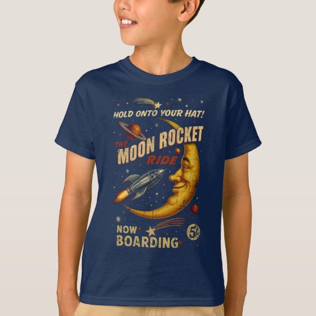 Camiseta de Juventude Moon Rocket Ride (Marinho) (Frente)