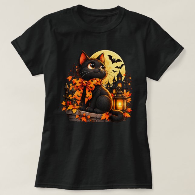Camiseta de Lanterna da Lua de Gato Preto de Hallo (Frente do Design)