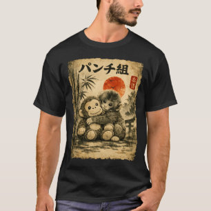 Camiseta de macaco fofo abraçando com arte japones