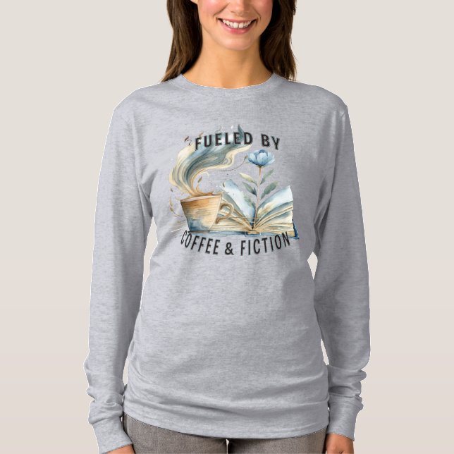 Camiseta de manga longa 'Alimentada por Café e Fic (Frente)