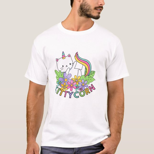 Camiseta de Manga Longa Arco-íris Unicórnio Gato K (Frente)