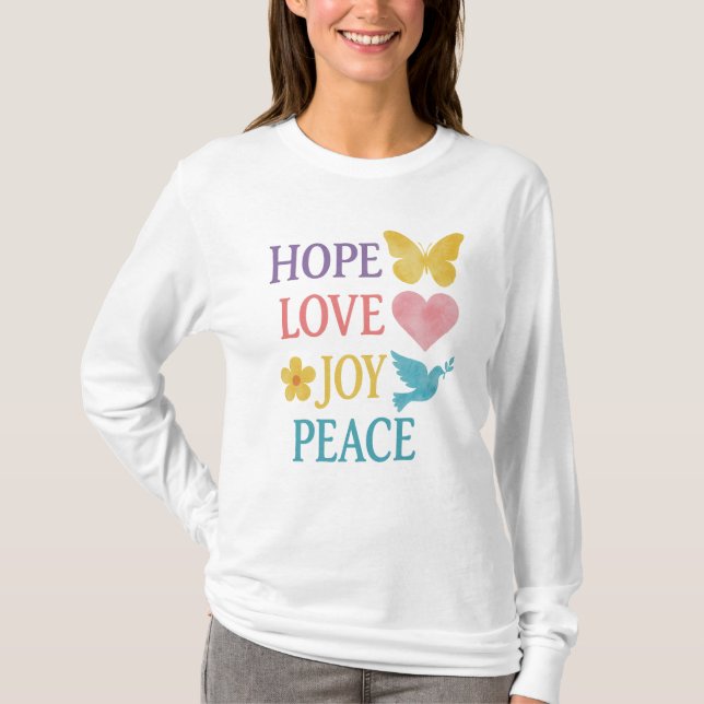 Camiseta de Manga Longa Hope Love Joy Peace – Pres (Frente)