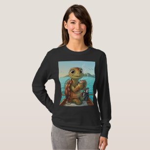 Camiseta de Manga Longa Tartaruga Fofa Bebendo Caf