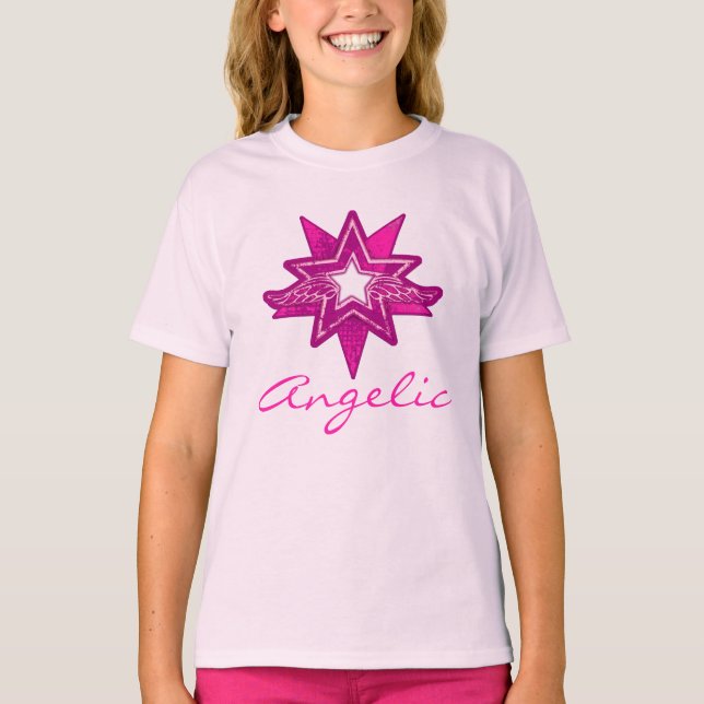 Camiseta de matizes rosa-quente das estrelas Angel (Frente)