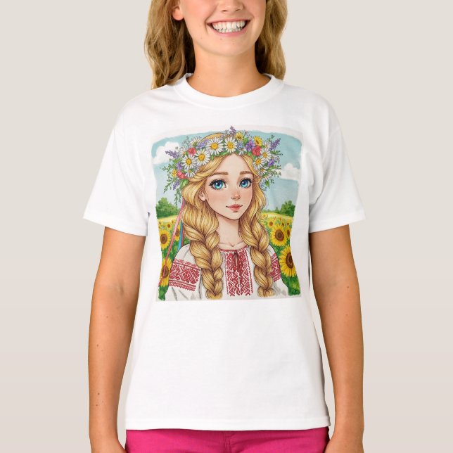 Camiseta de Menina Ucraniana Feliz com Coroa de Fl (Frente)