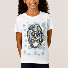 Camiseta de meninas com flores azuis e um gambá fo