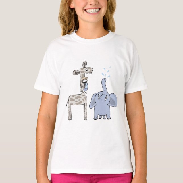 Camiseta de Meninas com Girafa e Elefante Fofos (Frente)