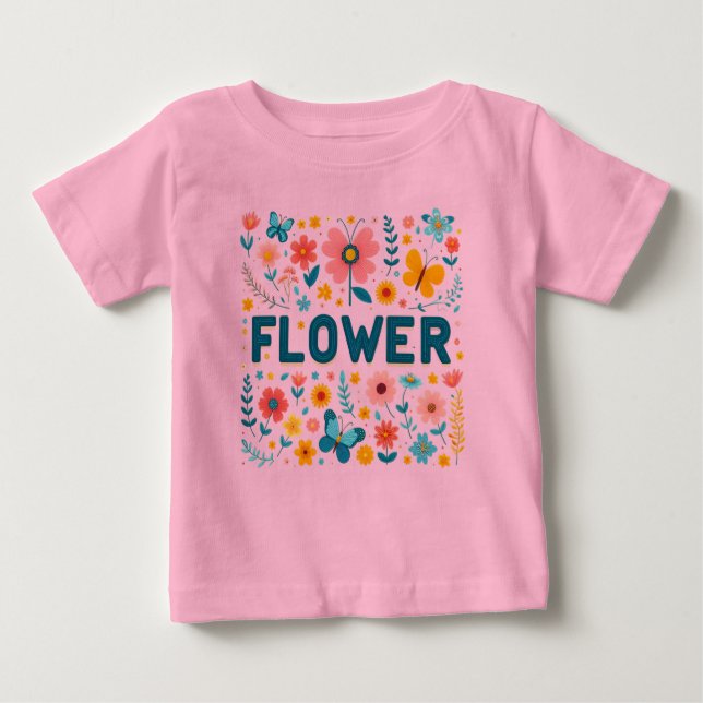 Camiseta de Meninas com Letras e Flores Cutas (Frente)