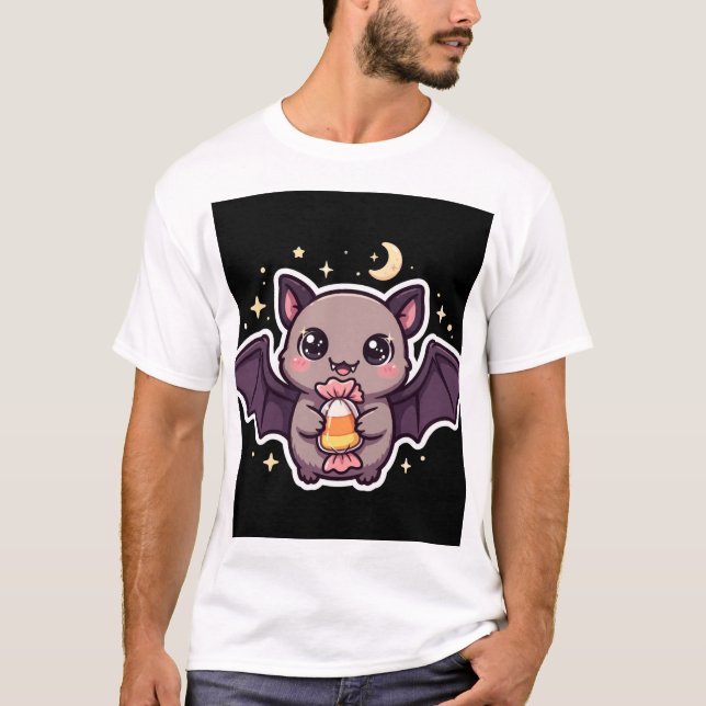 Camiseta de Morcego Fofo Segurando Candy Corn (Frente)