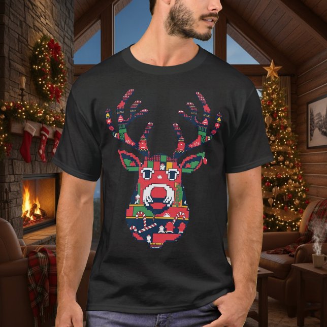 Camiseta de Natal com Suéter Feio de Rena Pixel (Criador carregado)