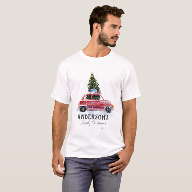 Camiseta de Natal da Família - Carro Vermelho Vint (Frente Completa)