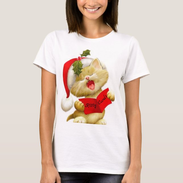 Camiseta de Natal de Gatinho Fofo Cantando (Frente)