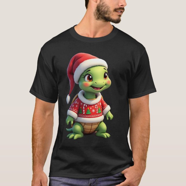 Camiseta De Natal De Tartaruga Gorro De Papai Noel (Frente)