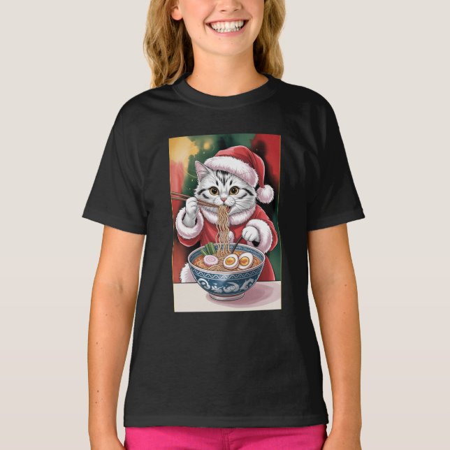 Camiseta de Natal do Gato Comendo Ramen (Frente)