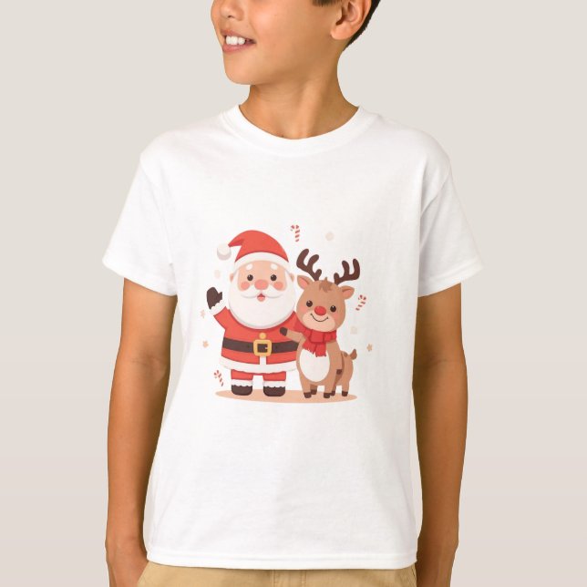 Camiseta de Natal do Papai Noel e Rena Fofa (Frente)