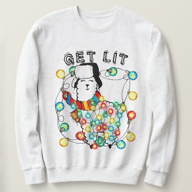 Camiseta de Natal Llama 'Get Lit' - Diversão Hilár (Frente do Design)