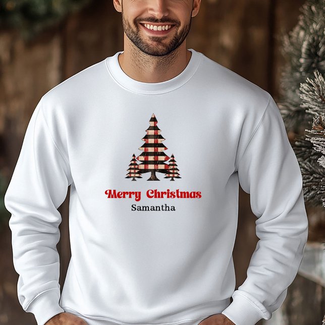 Camiseta de Natal Personalizada com Xadrez e Árvor (Snug Custom Name Plaid Tree Holiday Sweatshirt Gift)