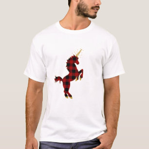 Camiseta de Natal Unicórnio Xadrez Búfalo Vermelho