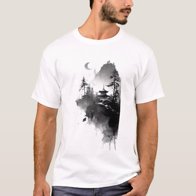 Camiseta de paisagem de pagode Zen com tinta japon (Frente)