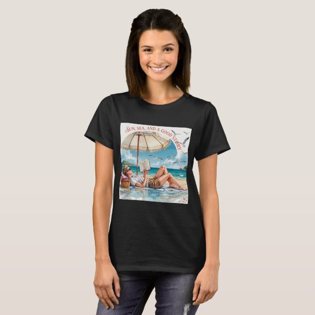 Camiseta de Praia Sol, Mar e um Bom Livro (Frente Completa)