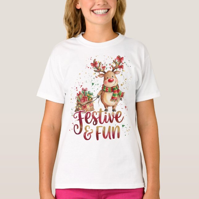 Camiseta de Rena de Natal – Trenó, Presentes (Frente)