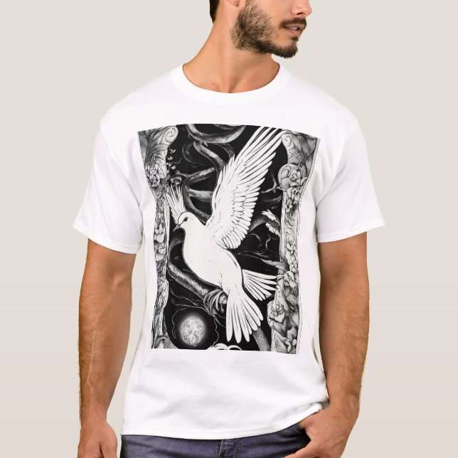 Camiseta de tatuagem de pomba e serpente - Preto e (Frente)