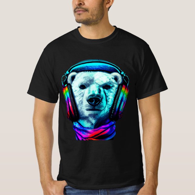 Camiseta de Urso Polar Usando Fones de Ouvido Arco (Frente)