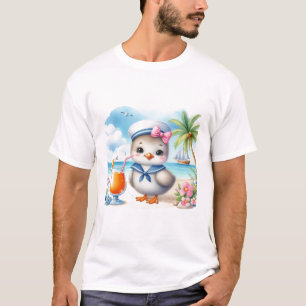 Camiseta de Verão Costeira com Gaivota na Praia