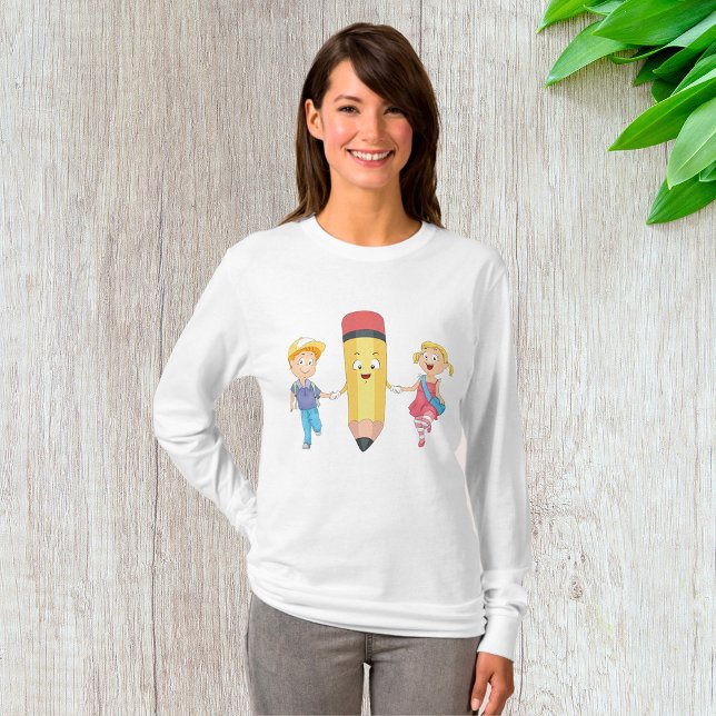 Camiseta De volta à escola Cartoon Happy Pencis e Crianças (Criador carregado)