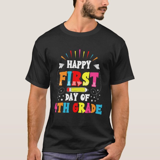 Camiseta De Volta À Escola Feliz Primeiro Dia 4.º Professor (Frente)