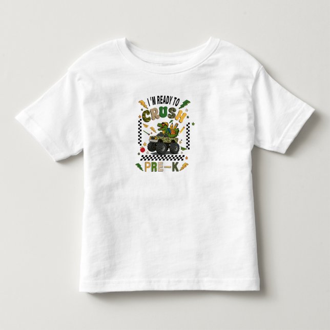 Camiseta De Volta à Escola Pré K Caminhão Monstro Dinossaur (Frente)