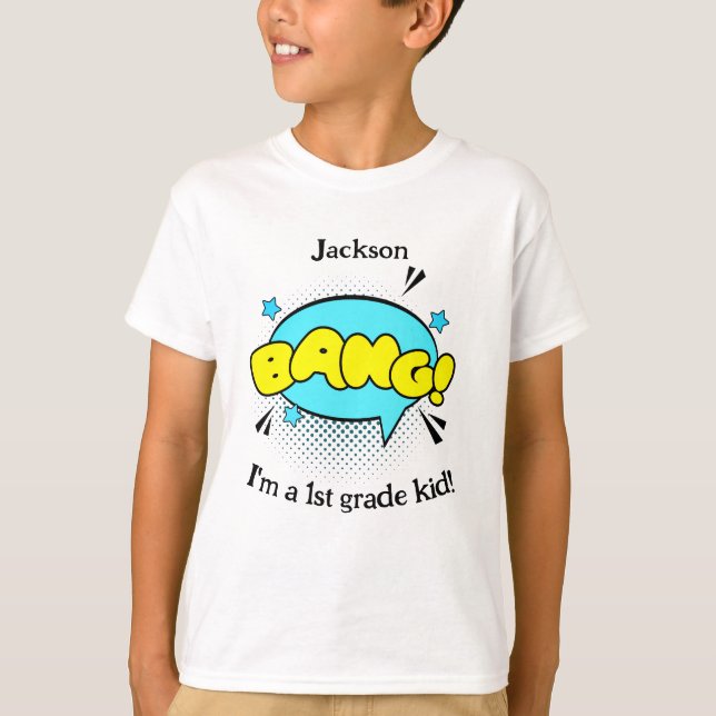 Camiseta De volta à escola, Retro Comic Bang! Nome das Cria (Frente)
