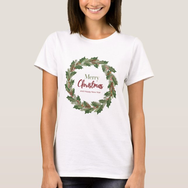 Camiseta de Wreath Feliz de Natal para Mulheres (Frente)