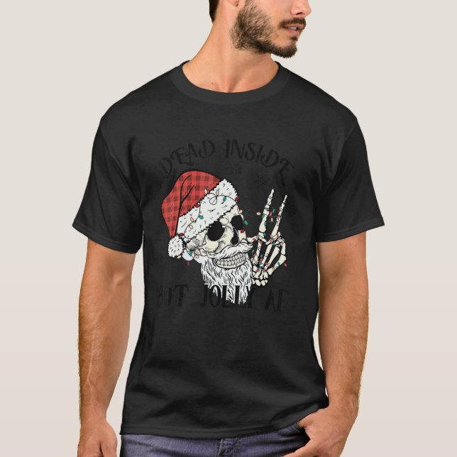 Camiseta Dead Inside But Jolly Af Skull Santa Light Skeleto (Frente)