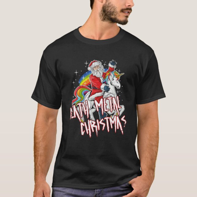 Camiseta Death Metal Christmas Santa Riding a Unicorn (Frente)