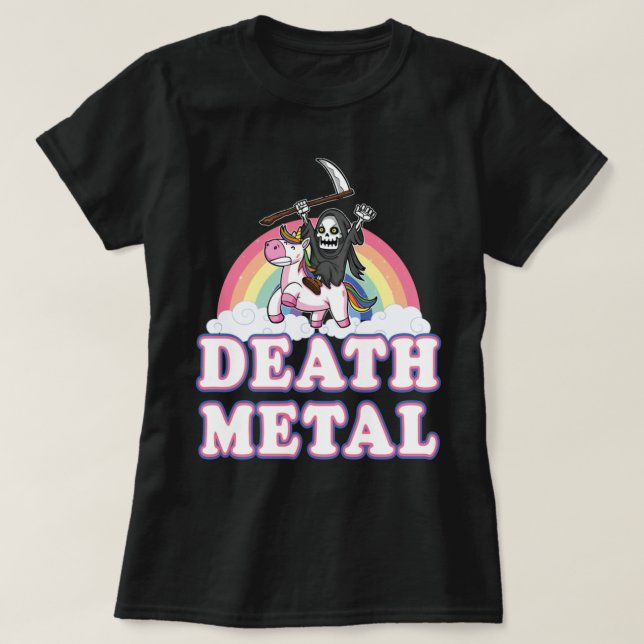 Camiseta Death Metal Rainbow Funny Grim Reaper Unicorn Gif (Frente do Design)