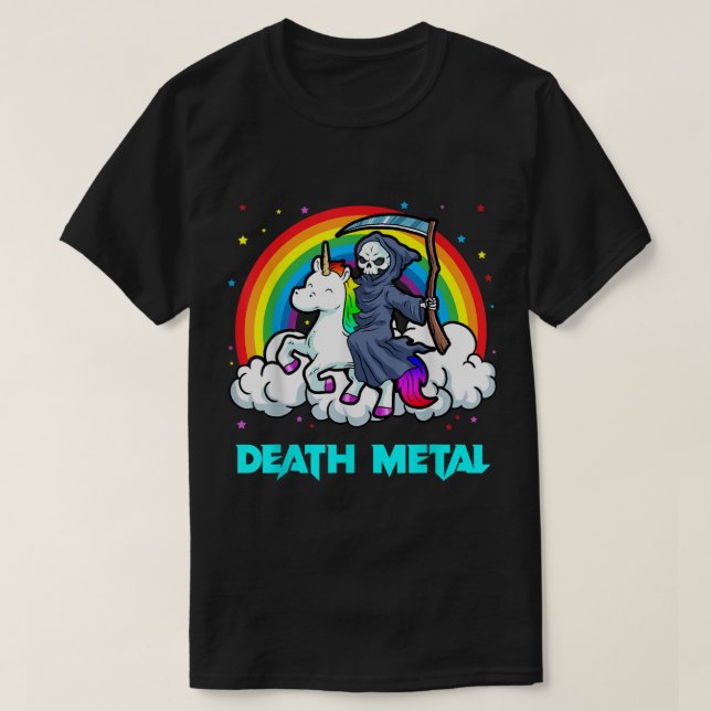 Camiseta Death Metal Shirts Unicorn Rainbow Grim Reaper Hea (Frente do Design)