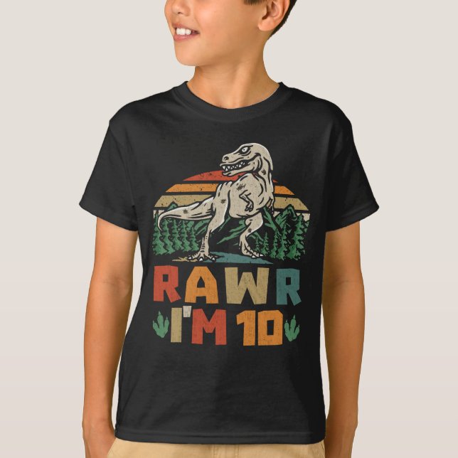 Camiseta Décimo aniversário Dinossauro T Rex Rawr Eu tenho  (Frente)