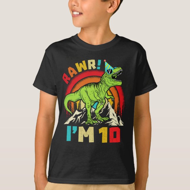 Camiseta Décimo aniversário Dinossauro T Rex Rawr Eu tenho  (Frente)