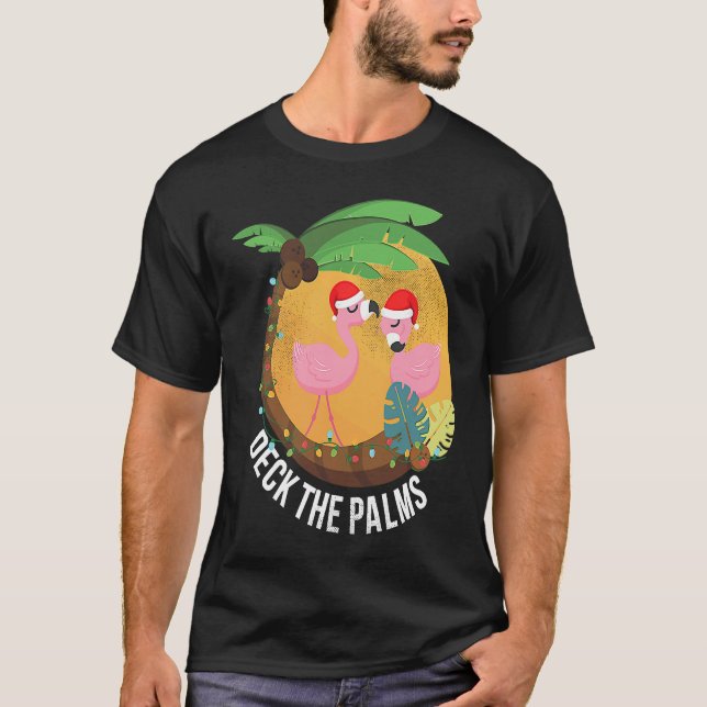 Camiseta Deck the Palms Flamingo Christmas (Frente)