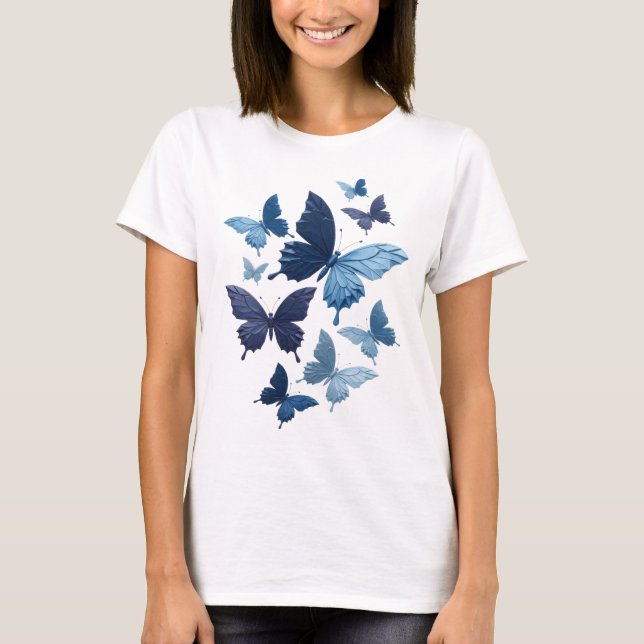 Camiseta Declaração Borboletas Azuis Design de Texto (Frente)