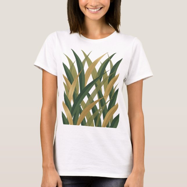 Camiseta Declaração de Design Folhas Douradas Verdes Fresca (Frente)